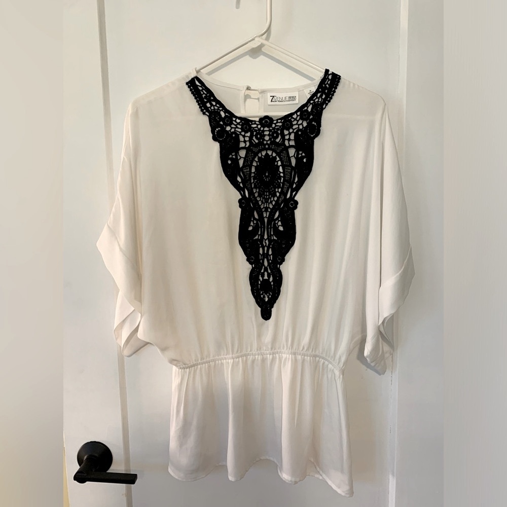 White and Black Embellished Blouse with Batwing Sleeves